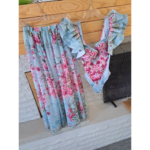 Flaxmaker Other - Flaxmaker Floral Ruffled One-Piece Swimsuit & Maxi Skirt Cover-Up Set Medium